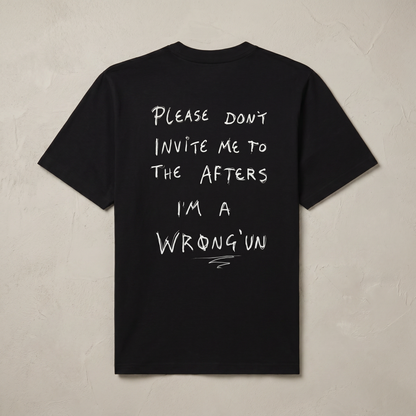 Black t-shirt with white text on a beige background